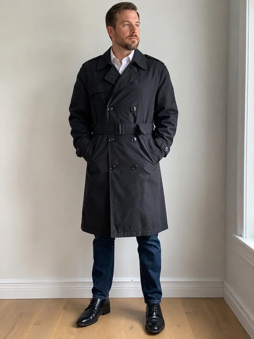 Men's Black Trench Coat 42S Double Breasted Removable Zip Liner All Weather Coat